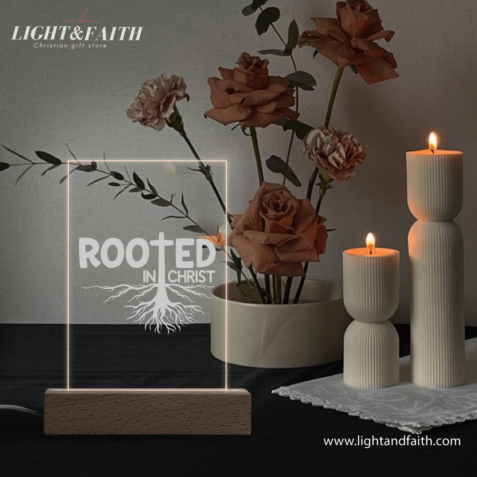 Rooted In Christ LED Light, Christian Bible Verse Lamp, Inspirational Acrylic Night Light, Religious Home Decor, Faith Gift for Believers. NLLAF19